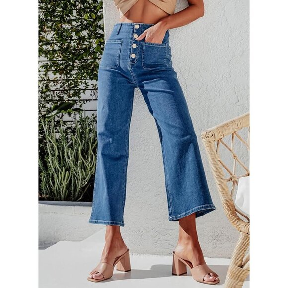 Women's Wide Leg Jeans Stretchy High Waisted Casual Denim Pants with Pockets - Picture 5 of 7